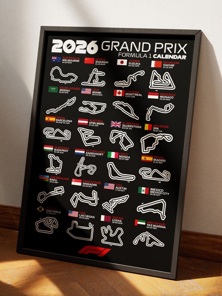 F1 2026 Calendar / Yüksek Kalite UV Baskı MDF Duvar Tablosu